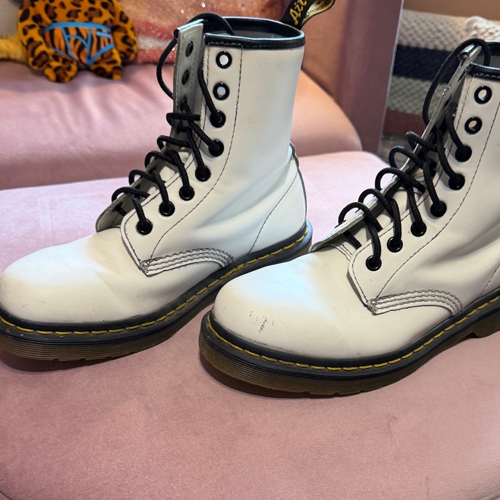 Dr. Martens White Leather Lace-Up Boots with Yellow Stitching